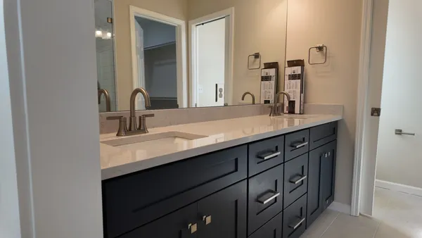a bathroom with a sink double vanity and a mirror