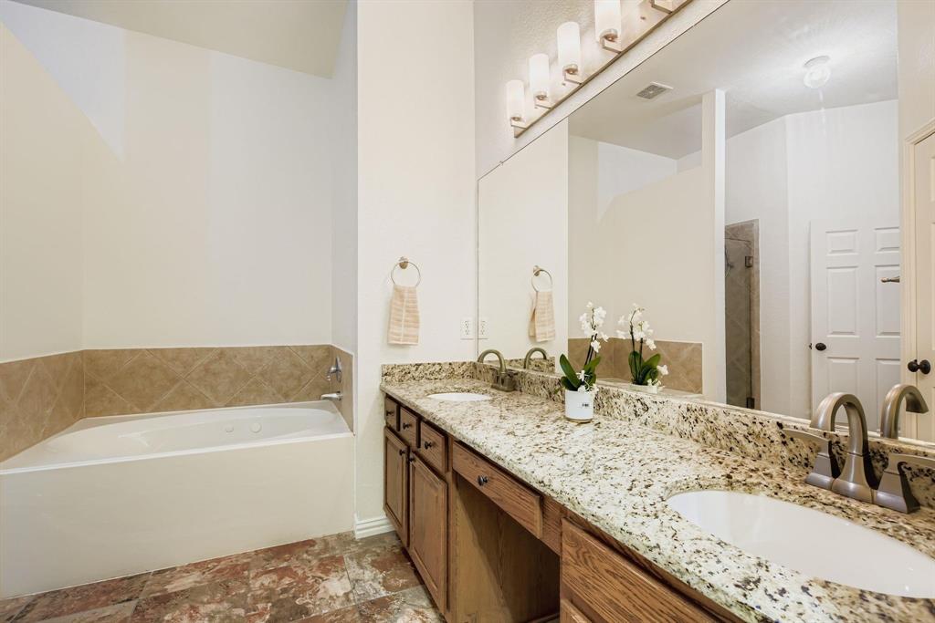 12407 Hawk Creek Drive Frisco, TX 75033 - Photo 19 of 33 a bathroom with a granite countertop sink and a bathtub
