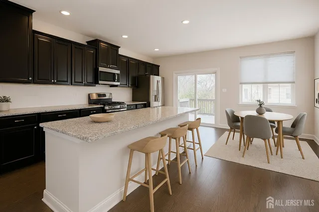 a kitchen with stainless steel appliances kitchen island granite countertop a table chairs microwave and sink