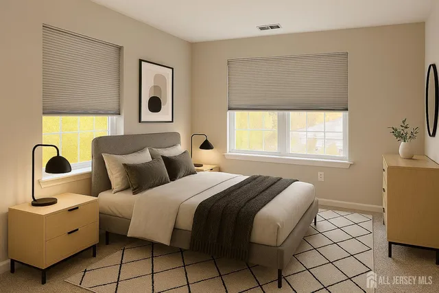 a bedroom with a bed and windows