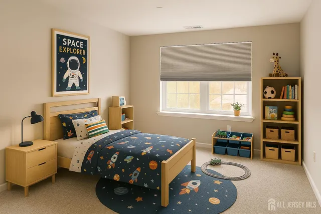 a bedroom with bed and a window