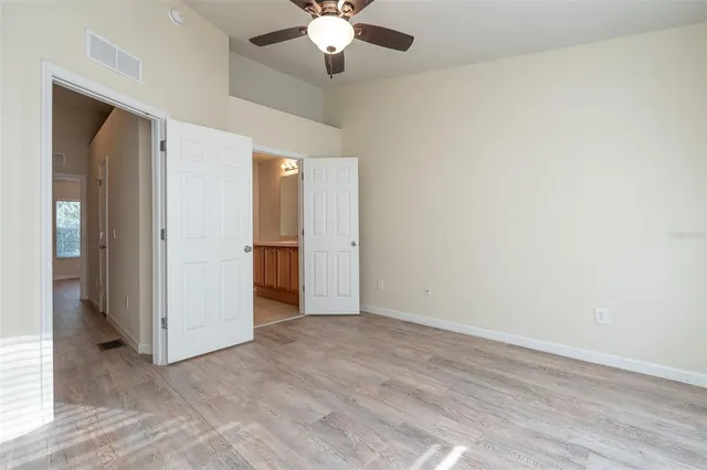 an empty room with a bathroom