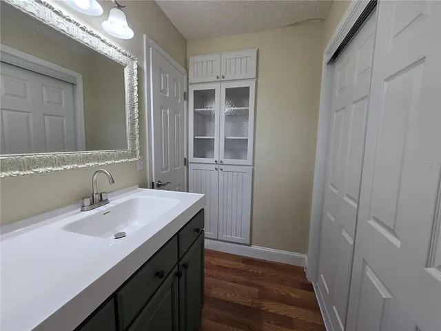 a bathroom with a sink and a mirror