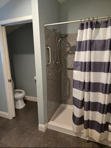 a view of a park with large trees