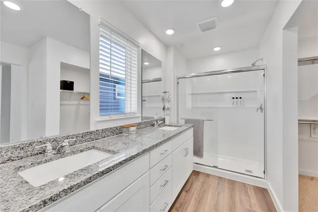 a bathroom with a granite countertop sink mirror and a shower