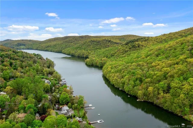 a view of a lake with a mountain in the background