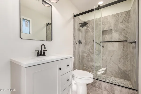 a bathroom with a sink a toilet and shower