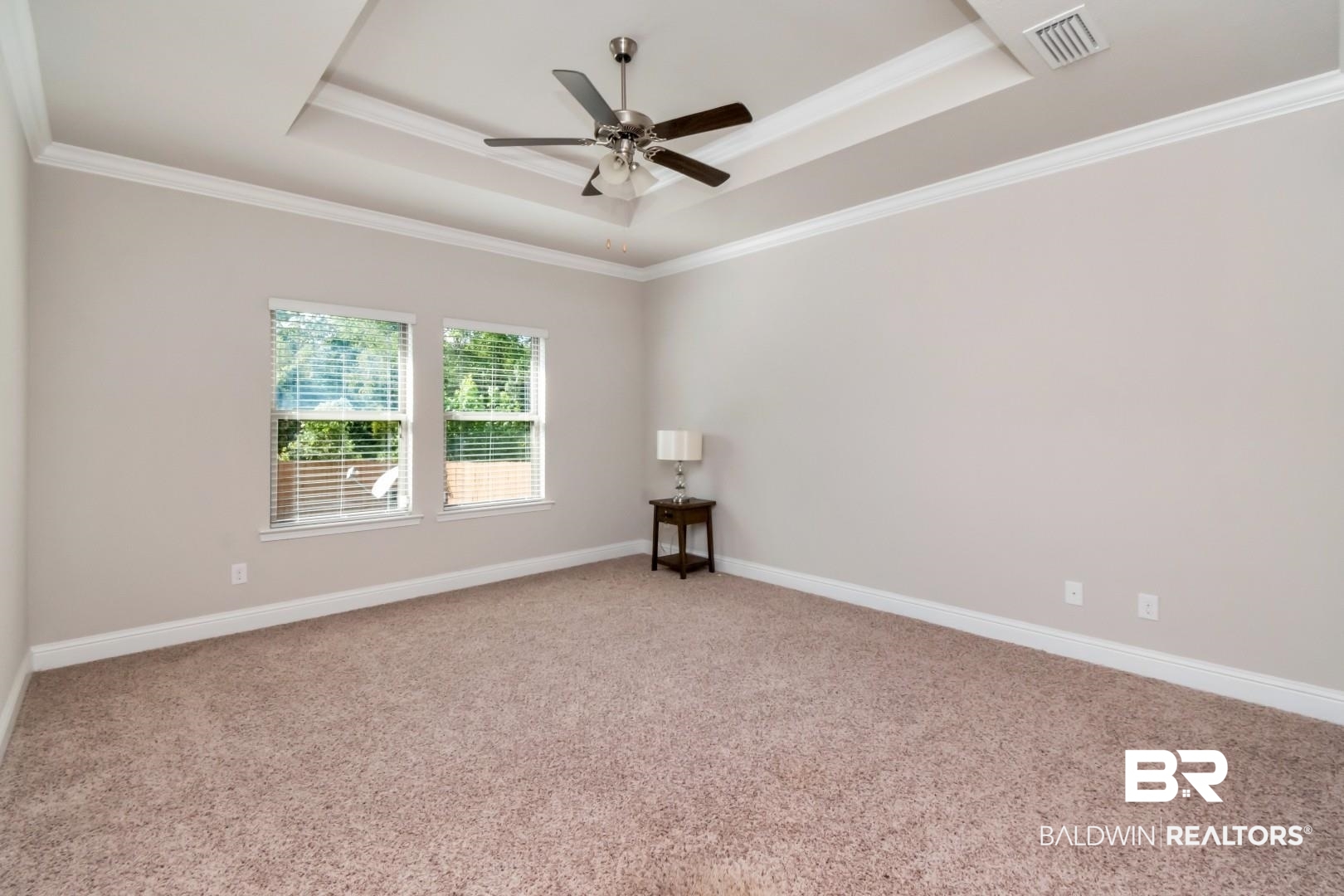 1282 Creek Ridge Court Mobile, AL 36695 - Photo 13 of 33 Spare room with a raised ceiling, carpet floors, crown molding, and a ceiling fan