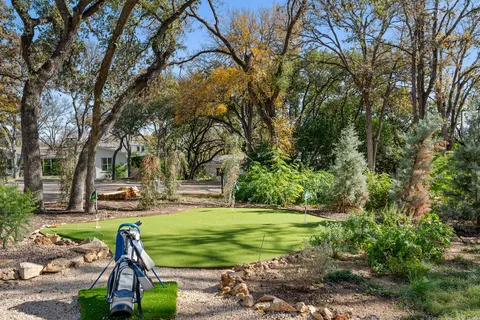 a view of a backyard with large trees