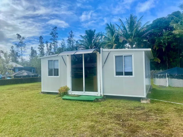 a view of a backyard with plants and large tree