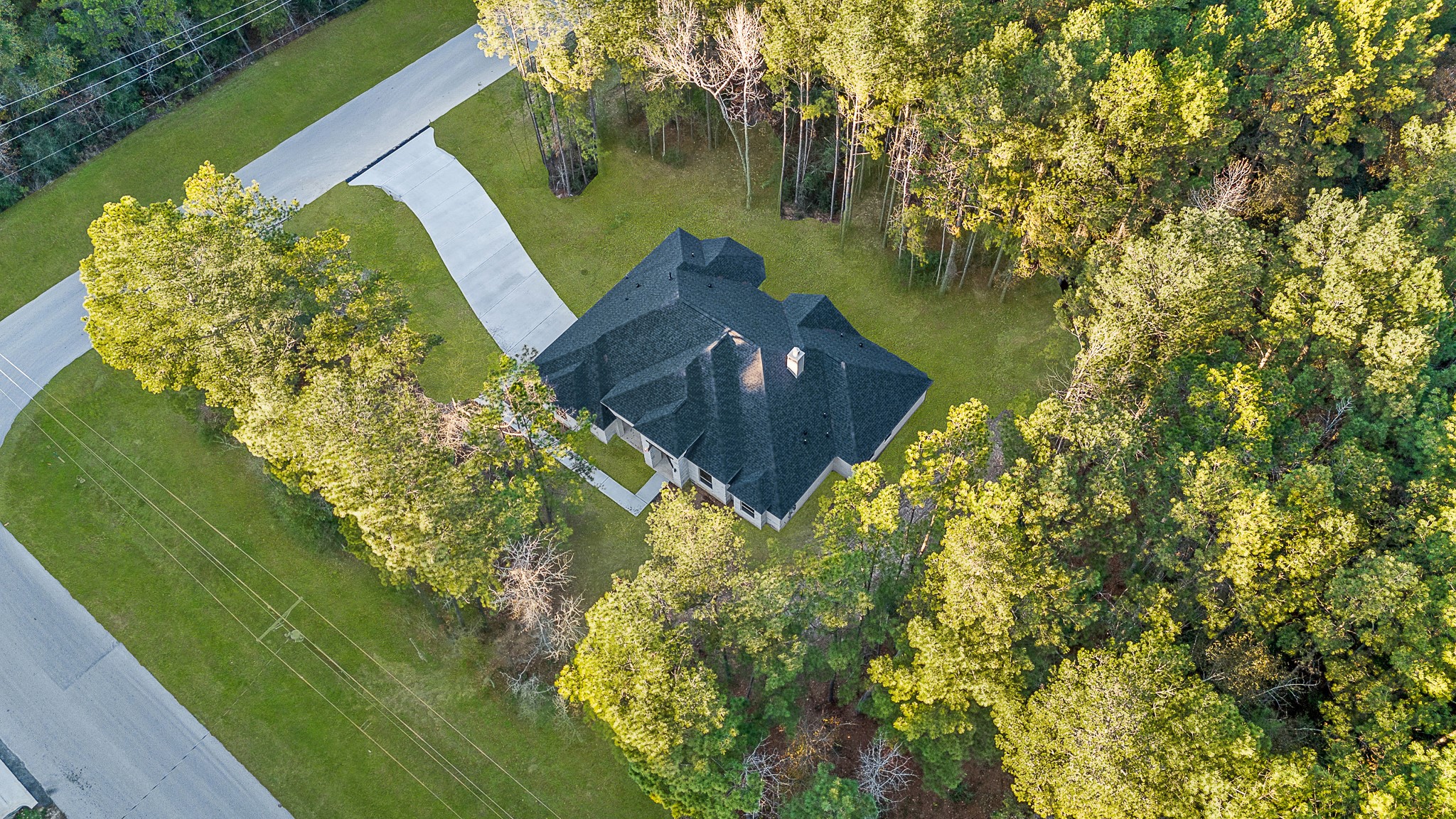 104 Inscription Lane Huntsville, TX 77340 - Photo 7 of 39 This aerial view showcases a secluded home surrounded by lush trees, offering privacy and a serene natural setting. The house features a winding driveway, nestled within a spacious, wooded lot.