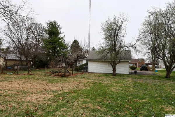 a view of a backyard with large trees