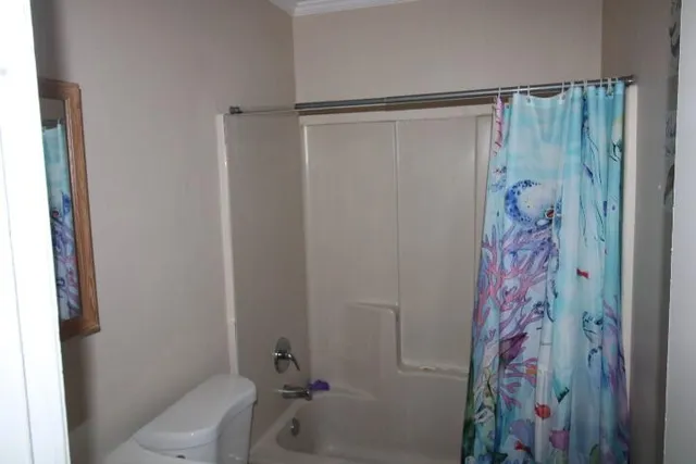a bathroom with a shower curtain and a toilet