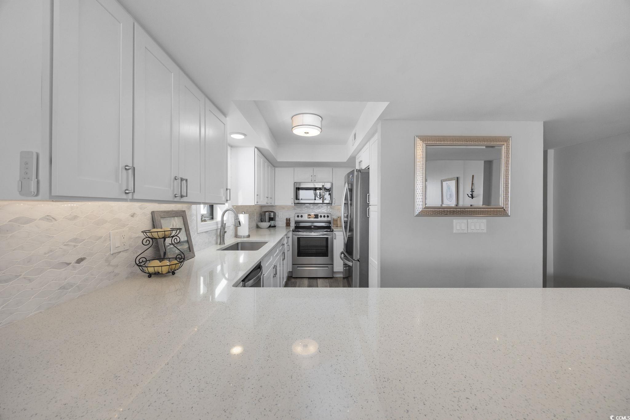 10100 Beach Club Drive, Unit 14F Myrtle Beach, SC 29572 - Photo 19 of 40 Kitchen with white cabinets, light stone counters, appliances with stainless steel finishes, and tasteful backsplash
