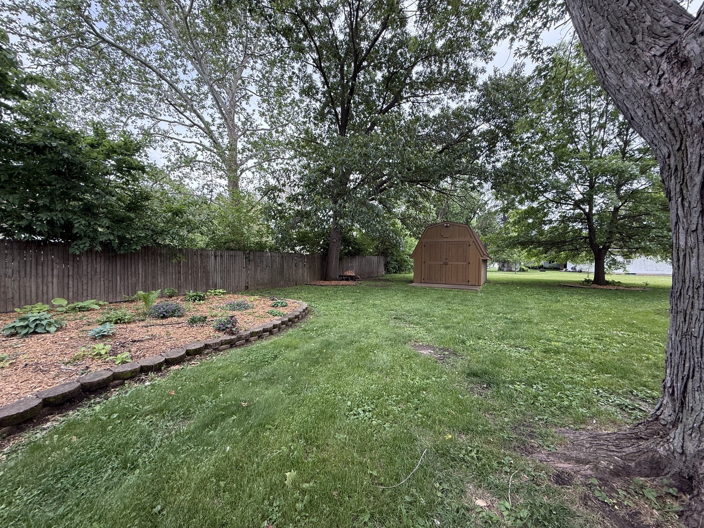 1048 Warren Street Henry, IL 61537 - Photo 7 of 26 a view of a backyard with large trees and wooden fence