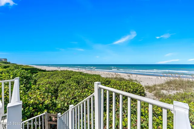 a view of a patio with a table and chairs and potted plants