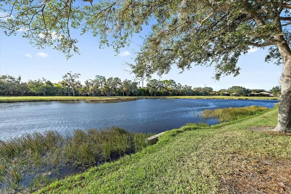 a view of a lake with houses in the back