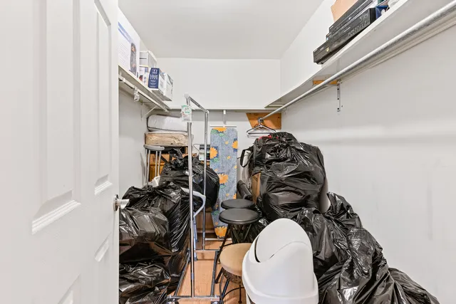 a view of a closet with storage