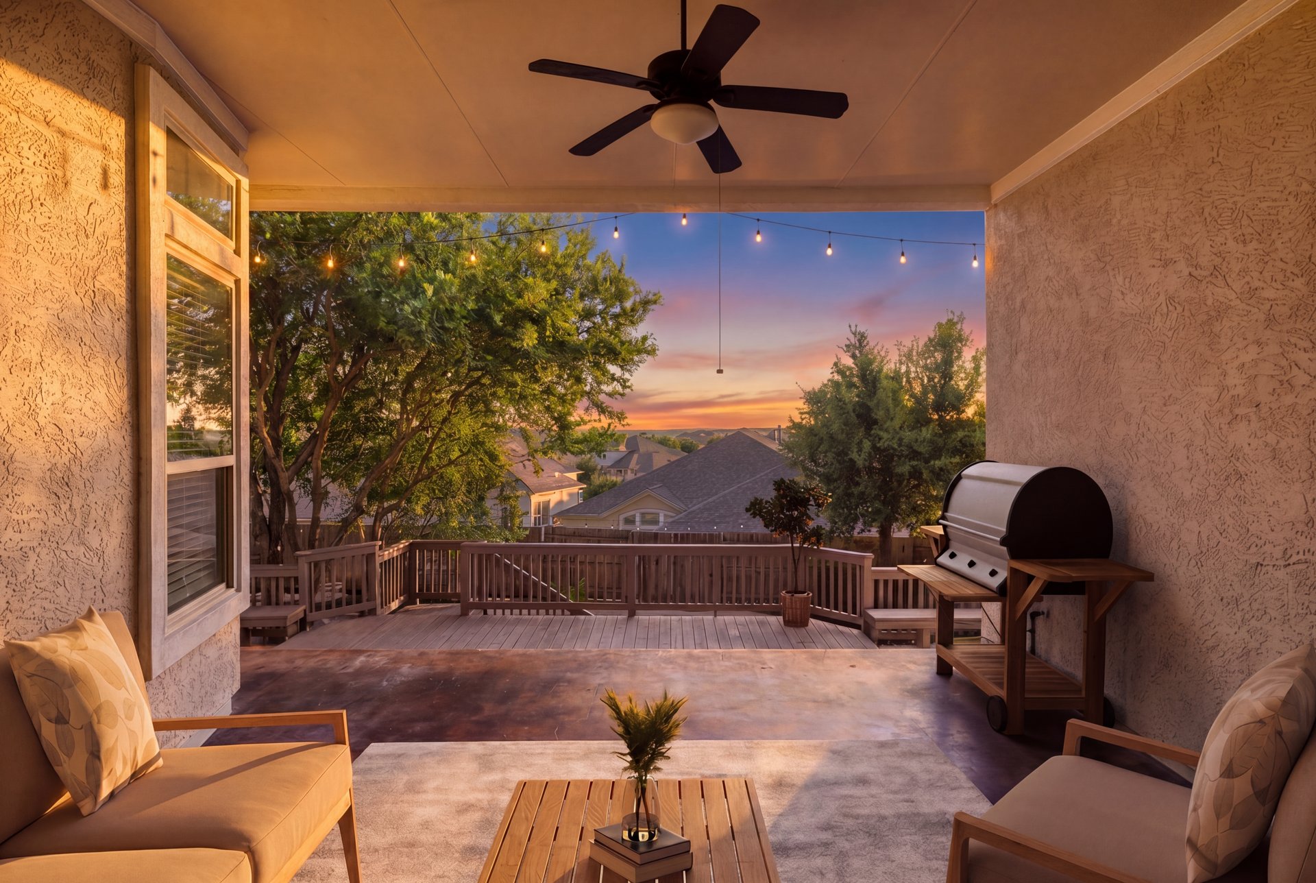 309 Rancho Sienna Loop Georgetown, TX 78628 - Photo 33 of 40 Covered patio featuring a ceiling fan with integrated lighting, textured stucco walls, and a concrete slab floor