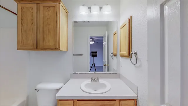 a bathroom with a sink vanity and a mirror