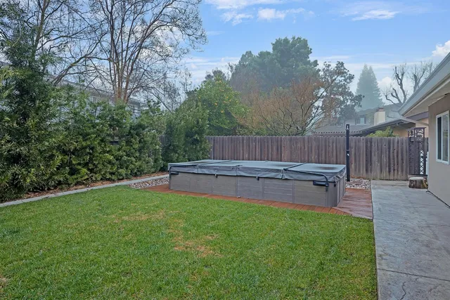 a garden view with a seating space