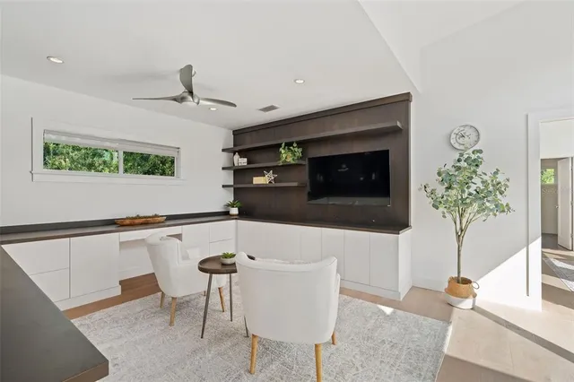a living room with furniture and a potted plant