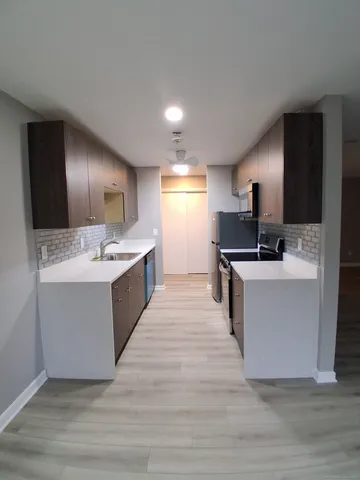 a large room with cabinets