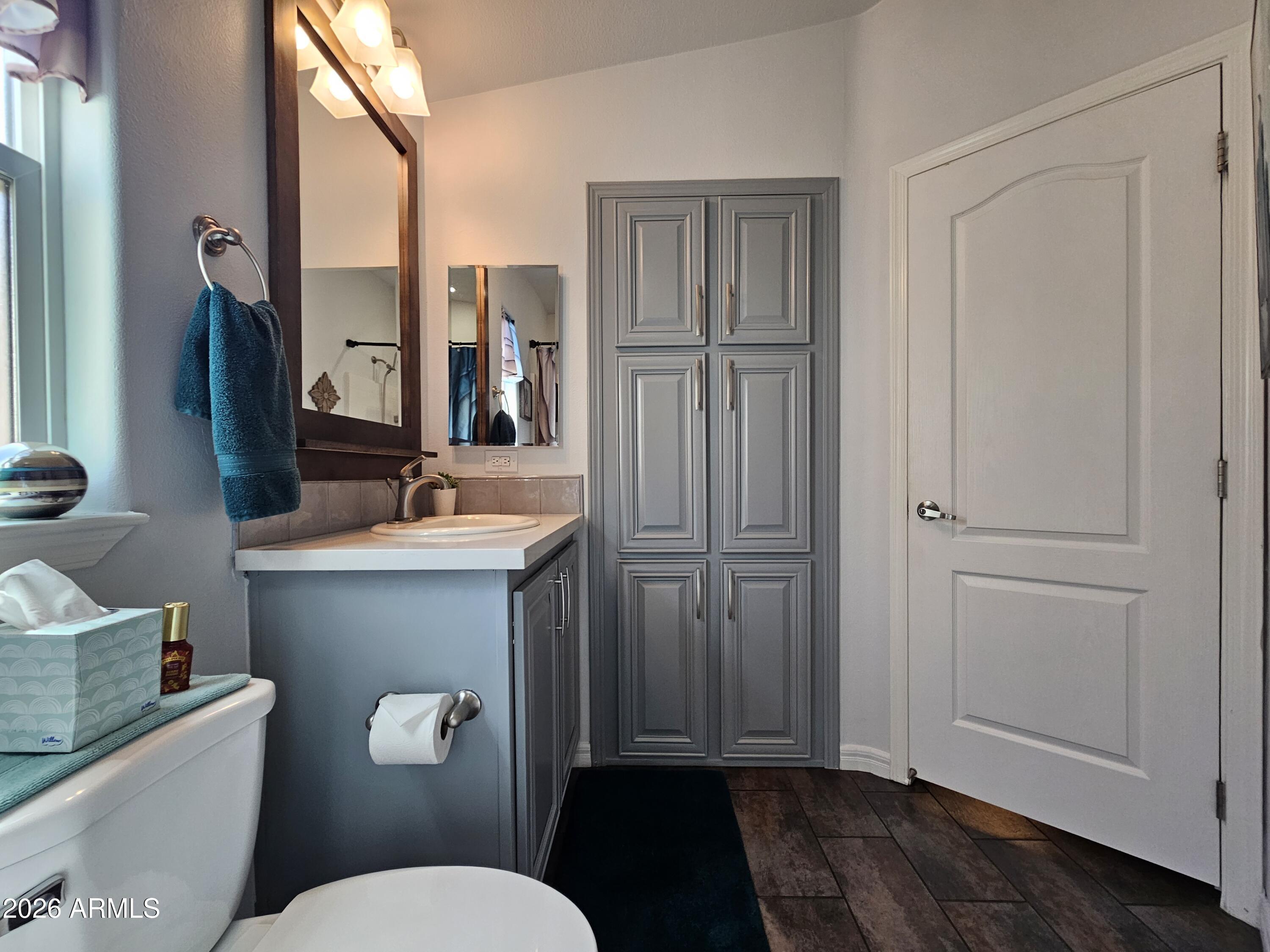 650 North Hawes Road, Unit 3406 Mesa, AZ 85207 - Photo 25 of 45 a bathroom with a sink a toilet a mirror and vanity