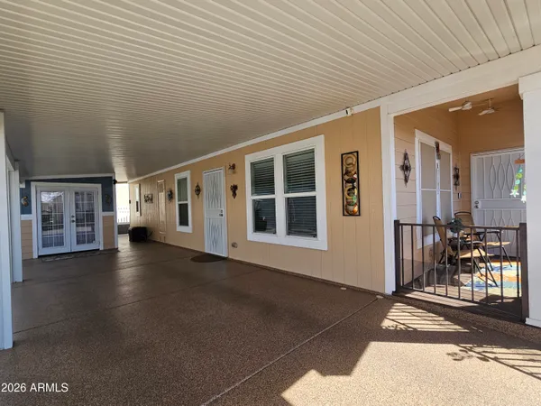 a view of a building with chairs