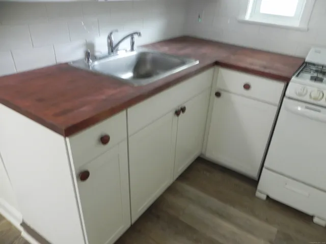 a room with a sink and wooden floor