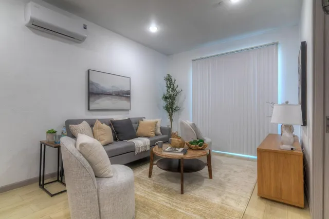 a living room with furniture and a potted plant