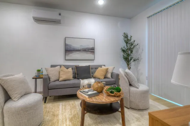 a living room with furniture and a potted plant
