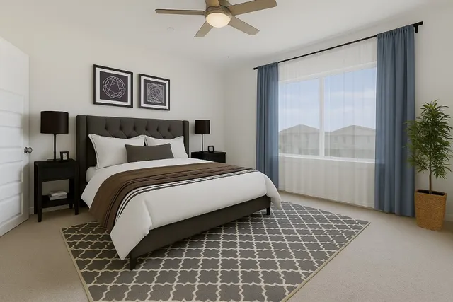 a bedroom with a bed and glass window