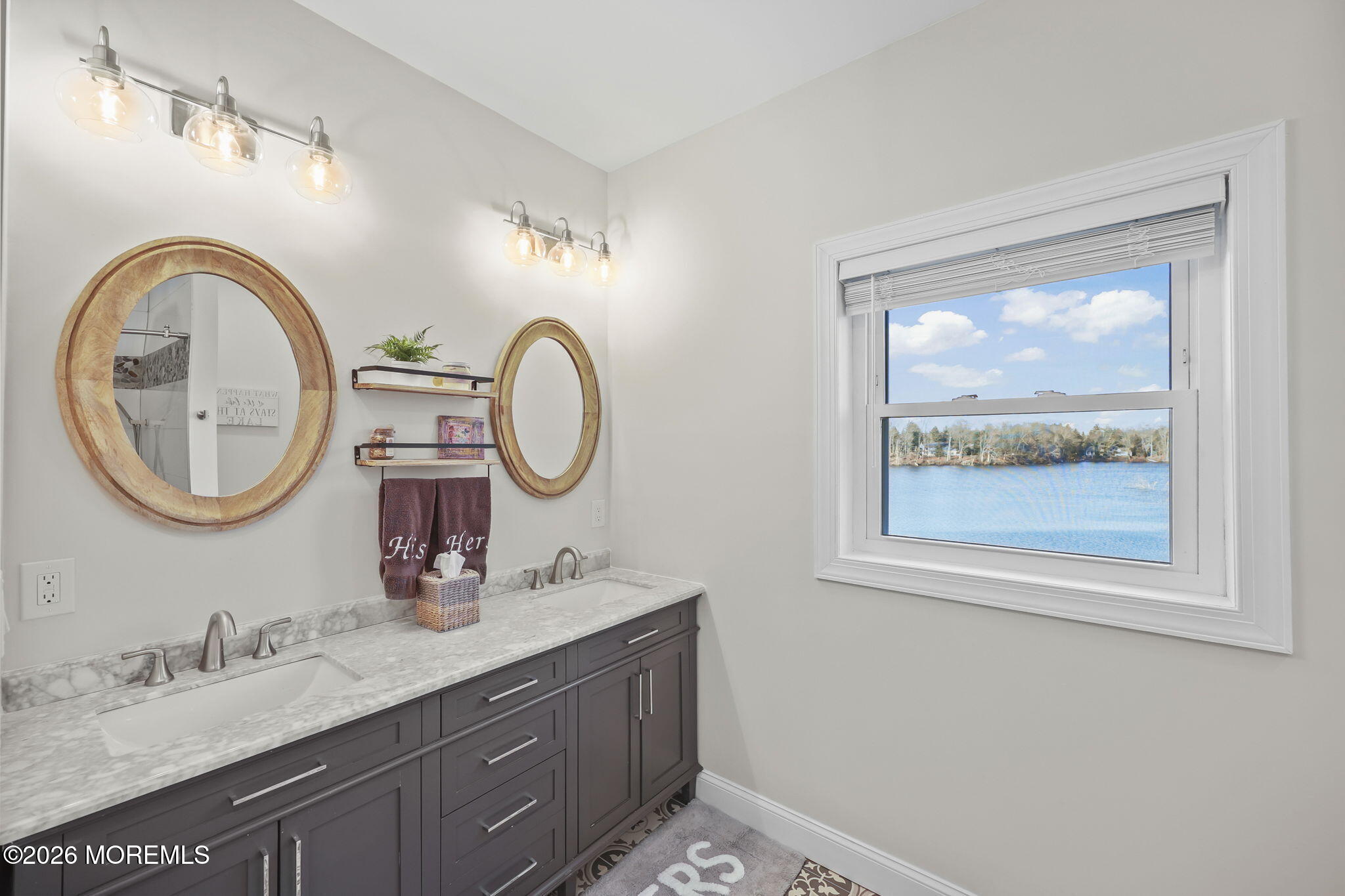91 Davis Lane Red Bank, NJ 07701 - Photo 34 of 87 a bathroom with a granite countertop double vanity sink and a mirror