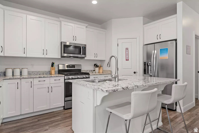1166 North Riviera Alley Washington, UT 84780 - Photo 5 of 26 Kitchen featuring stainless steel appliances, a kitchen bar, an island with sink, white cabinetry, and recessed lighting