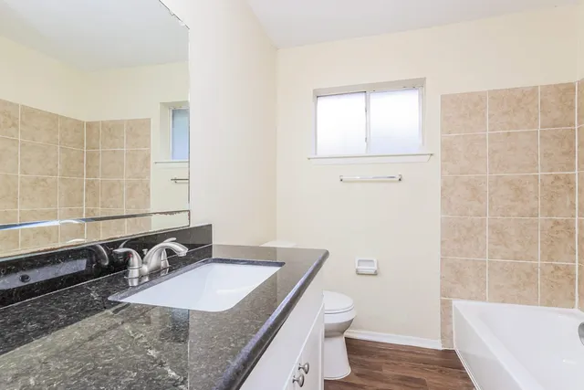 a bathroom with a sink a toilet a mirror and vanity