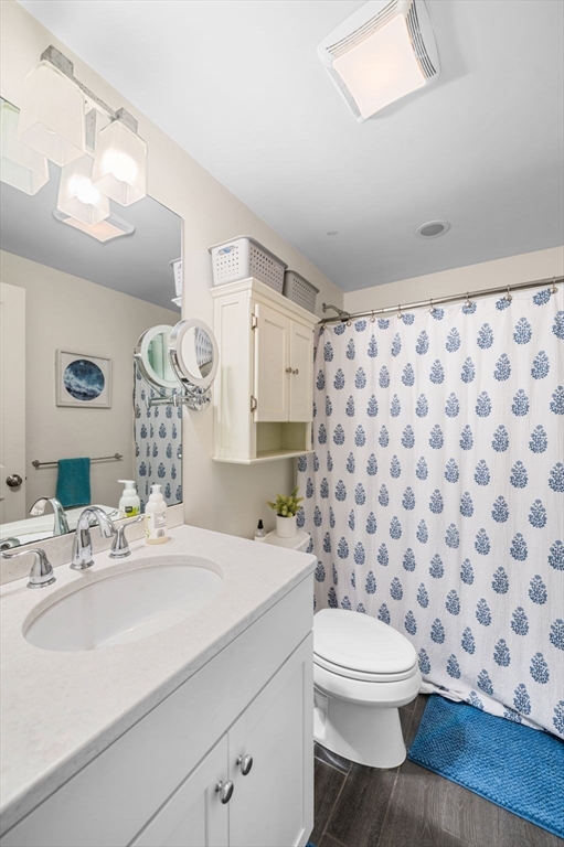 2-4 Gracie Lane, Unit 4 Swampscott, MA 01907 - Photo 27 of 37 a bathroom with a sink a toilet a mirror and shower curtain