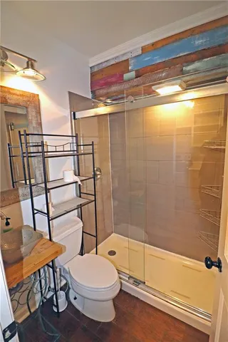a bathroom with a shower and a toilet
