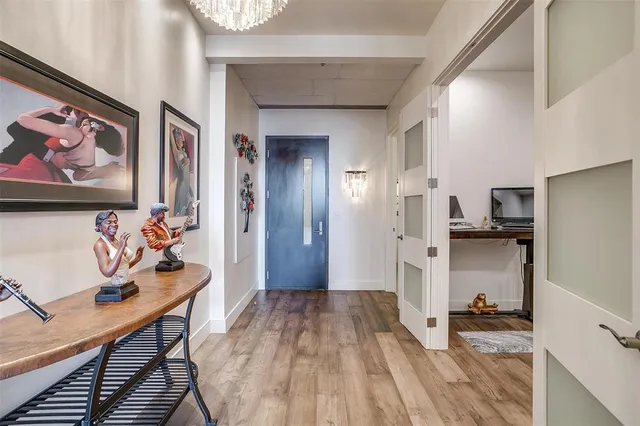 a room with stainless steel appliances lots of wooden floor