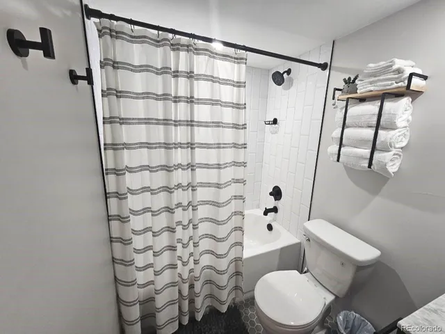 a white toilet sitting next to a shower curtain