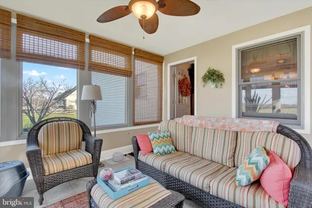 a living room with furniture and a floor to ceiling window