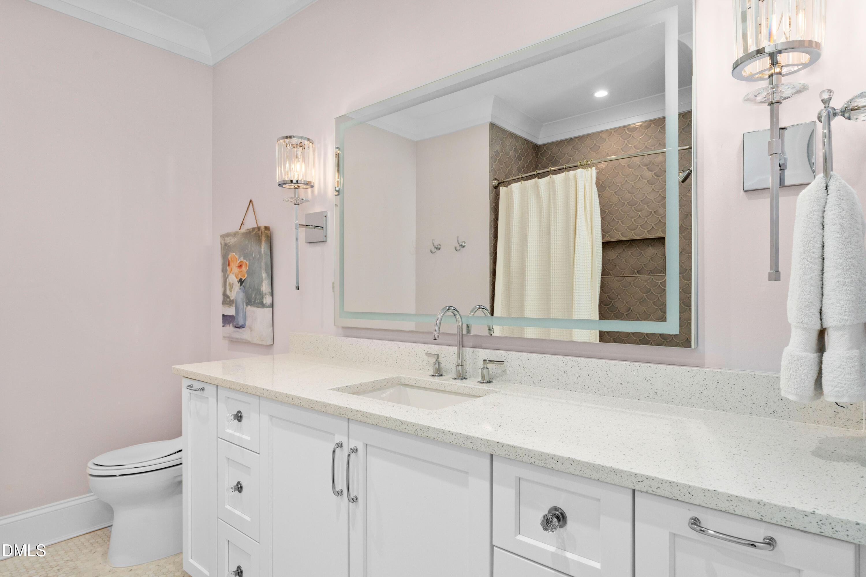 6508 Century Oak Court Raleigh, NC 27613 - Photo 49 of 91 a bathroom with a sink a toilet and a large mirror