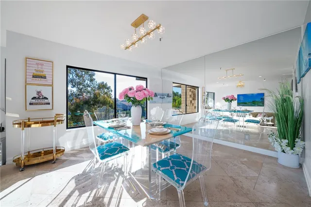 a view of a dining room with furniture window and outside view