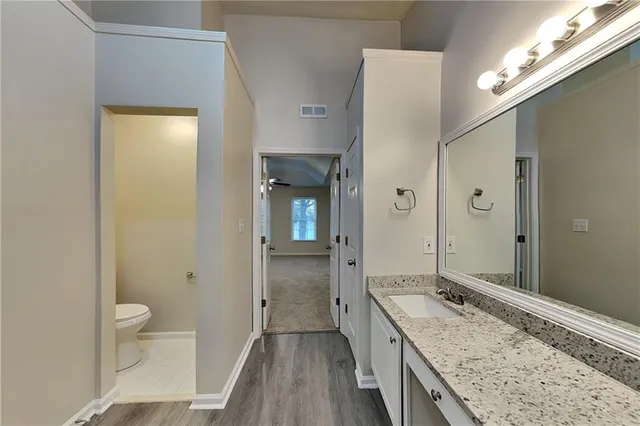 a bathroom with a granite countertop sink a toilet and shower