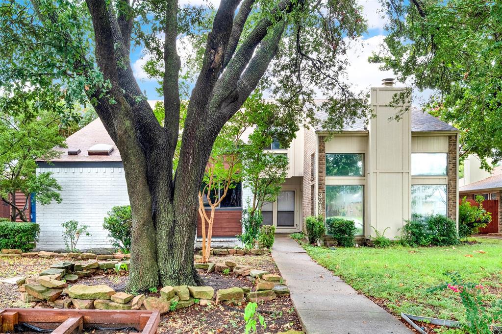a tree in front of a white house