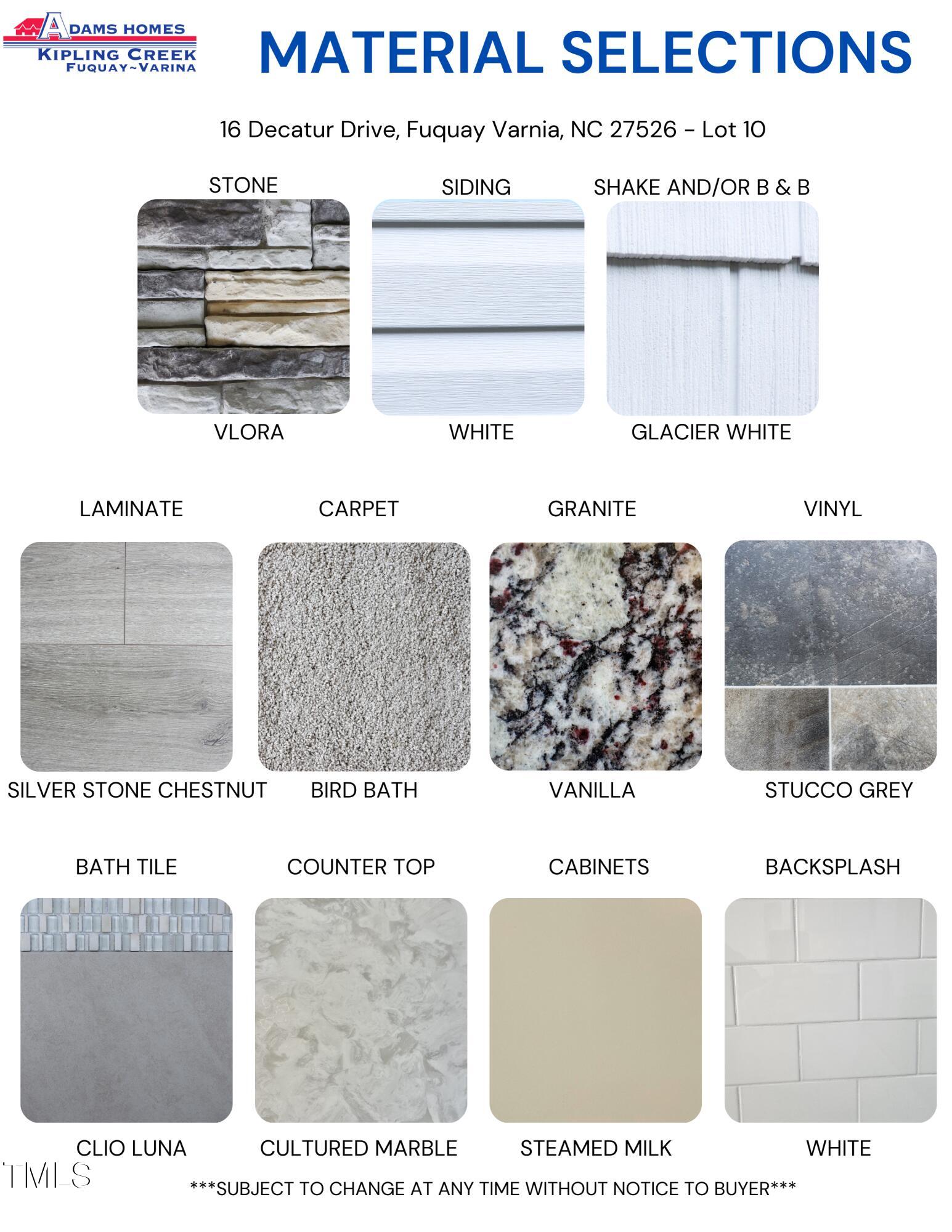 16 Decatur Drive Fuquay-Varina, NC 27526 - Photo 2 of 32 Material Color selections for this home