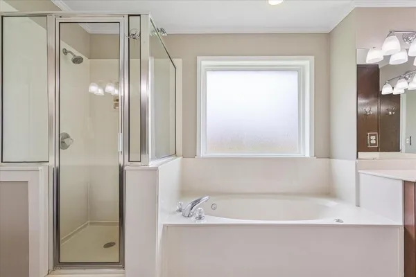 a bathroom with a tub a sink and a mirror