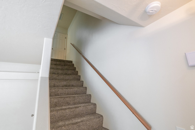 1735 West 540 North, Unit 1805 St. George, UT 84770 - Photo 38 of 64 Carpeted staircase with a wood handrail leading to a paneled door