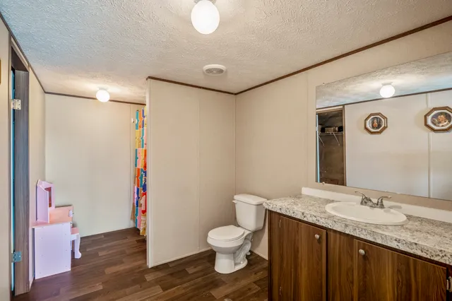 a bathroom with a granite countertop sink toilet and a large mirror