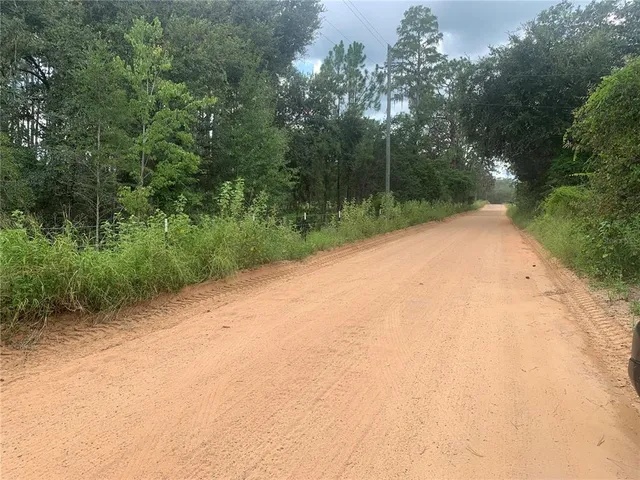 a view of a field with trees in the background